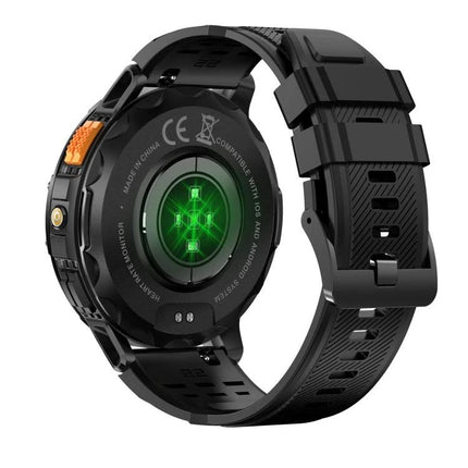 Smart Watch for Daily Health Monitoring and Notifications showing rear heart rate sensor and black sport band with Bluetooth connectivity