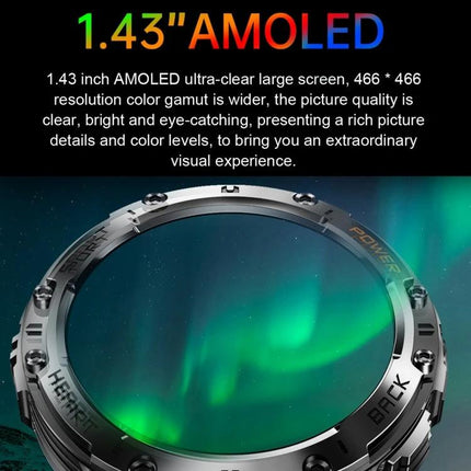 Smart Watch for Daily Health Monitoring and Notifications showing 1.43" AMOLED display and rugged metal bezel with heart rate and back buttons