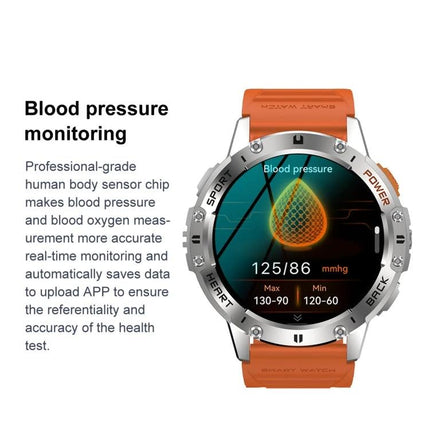 Smart Watch for Daily Health Monitoring and Notifications — orange sport smartwatch displaying blood pressure 125/86 mmHg and activity tracking