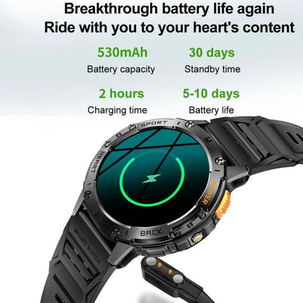 Smart Watch for Daily Health Monitoring and Notifications showing 530mAh battery, 2-hour charging, 5-10 day battery life and 30-day standby