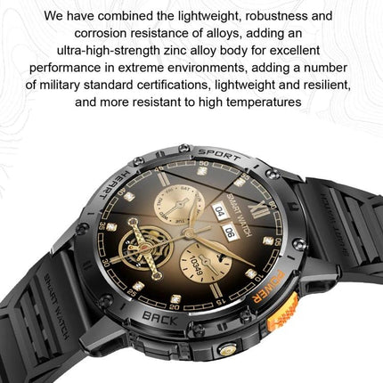 Smart Watch for Daily Health Monitoring and Notifications - rugged zinc alloy body, heart rate and step tracking, Bluetooth smartwatch with sporty black strap