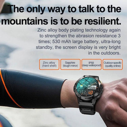 Smart Watch for Daily Health Monitoring and Notifications on wrist showing heart rate, steps, 530mAh battery, zinc alloy body and IP68 waterproof