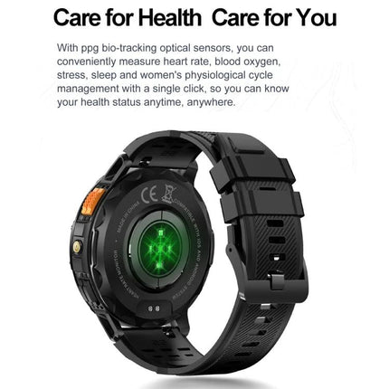 Smart Watch for Daily Health Monitoring and Notifications - rear view showing PPG optical sensor and black sport band, Bluetooth health tracking