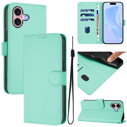 Leather Phone Case With Lanyard For Daily Carry in mint green wallet style with card slots, wrist strap, and viewing stand