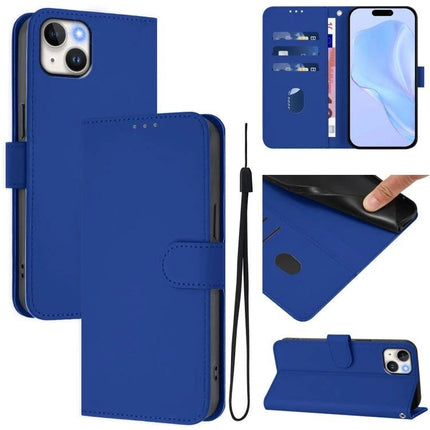 Leather Phone Case With Lanyard Card Storage blue PU wallet case with card slots, cash pocket, wrist lanyard, and kickstand