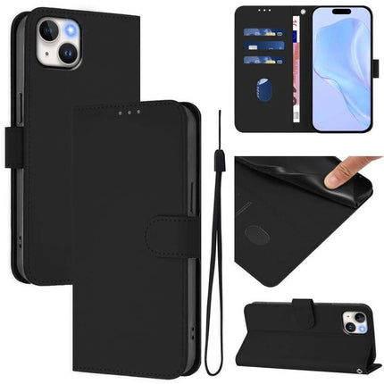 Leather Phone Case With Lanyard Card Storage black PU wallet case with built-in card slots, cash compartment and wrist lanyard