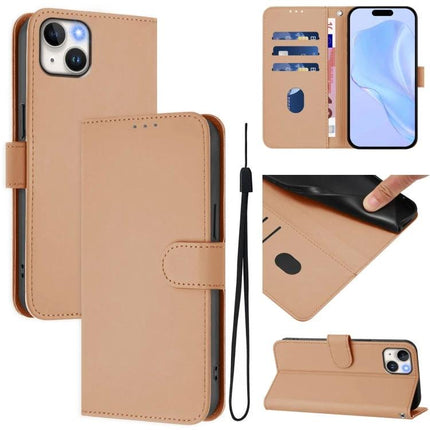 Leather Phone Case With Lanyard For Everyday Carry - slim PU leather wallet case with card slots, stand and wrist lanyard, tan