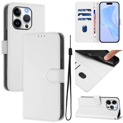 Leather Phone Case With Card Slot For Everyday Essentials showing white PU leather folio with card slots, stand function, wrist strap and TPU shell
