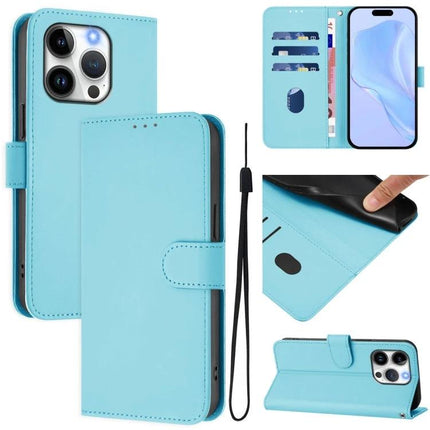 Leather Phone Case With Card Slot For Everyday Essentials in light blue PU leather with TPU shell, card slots, wrist strap and built-in stand
