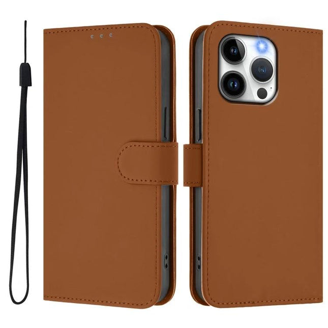 Leather Phone Case With Lanyard And Card Storage in brown PU leather wallet style with wrist lanyard and card slots