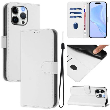 Leather Phone Case With Lanyard And Card Storage in white PU leather with card slots, cash pocket, wrist lanyard and magnetic folio cover