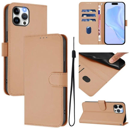 Practical Leather Phone Case With Lanyard showing tan wallet-style cover, card slots, bill pocket, and detachable wrist lanyard