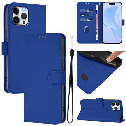 Practical Leather Phone Case With Lanyard in blue wallet style with card slots, cash pocket, wrist strap and hands-free stand