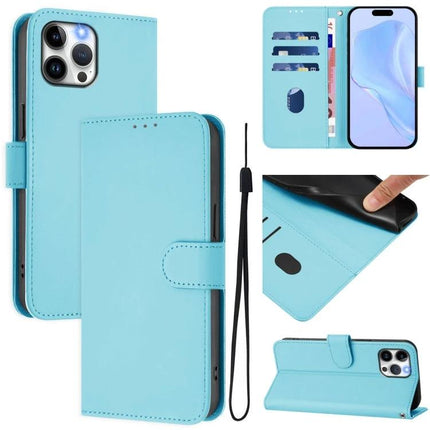 Practical Leather Phone Case With Lanyard in light blue showing card slots, bill pocket, wrist lanyard, and stand function