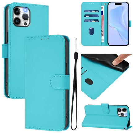 Practical Leather Phone Case With Lanyard in turquoise with card slots, bill pocket, wrist strap and magnetic folio stand