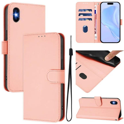 Leather Phone Case With Card Slots For Everyday Use in pink folio wallet with multiple card slots, kickstand and wrist strap