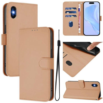 Leather Phone Case With Card Slots For Everyday Use showing tan folio design, 3 card slots, cash pocket, adjustable kickstand and wrist strap