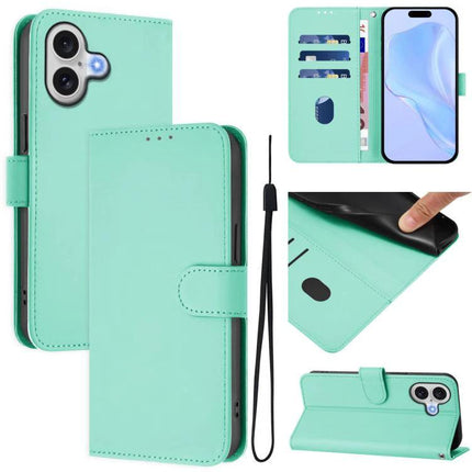 Leather Phone Case With Card Slots For Everyday Use shown in mint green PU leather with card slots, cash compartment, adjustable stand and wrist strap