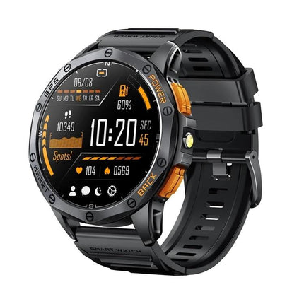 LEMFO Smart Watch for Everyday Health and Fitness Tracking showing black rugged round smartwatch with activity, heart rate, and sleep icons on display