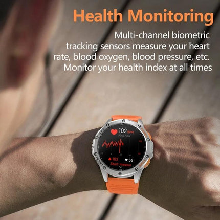 LEMFO Smart Watch for Everyday Health and Fitness Tracking showing heart rate and biometric monitoring on orange-banded watch
