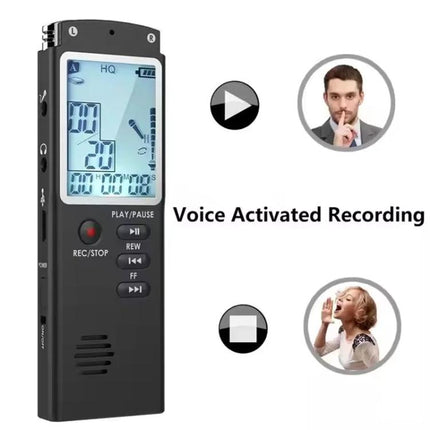 Compact Voice Recorder for Everyday Business and Personal Notes black digital recorder with LCD and voice-activated recording icons