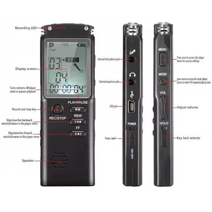 Compact Voice Recorder for Everyday Business and Personal Notes - slim black digital recorder with display, buttons, microphone and USB port