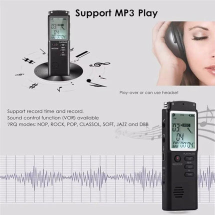 Compact Voice Recorder for Everyday Business and Personal Notes - sleek black recorder showing LCD, buttons, waveform and headphones for meetings and lectures
