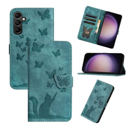Butterfly Cat Embossed Flip Leather Phone Case For Galaxy S25 Series teal wallet folio with embossed cat and butterflies, card slots and stand