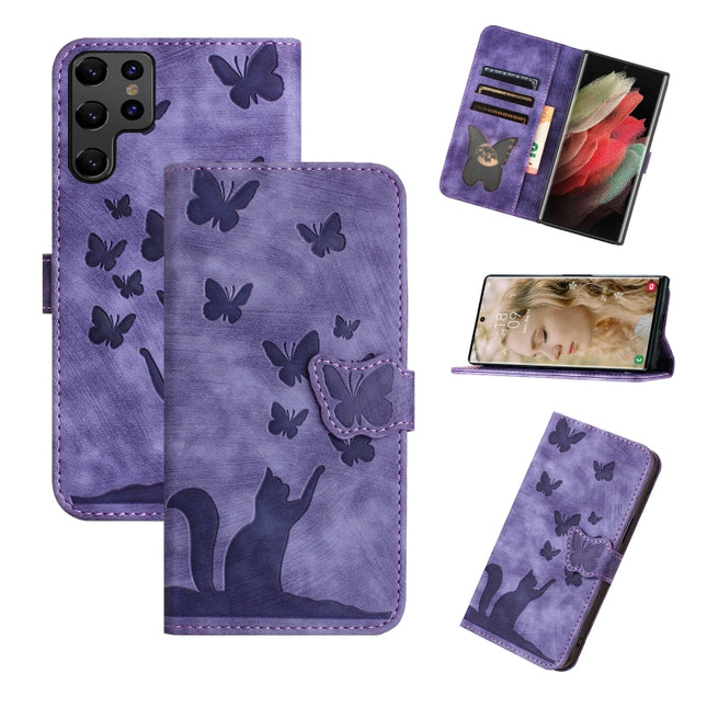 Butterfly Cat Embossed Flip Leather Phone Case For Samsung Galaxy S25 Ultra