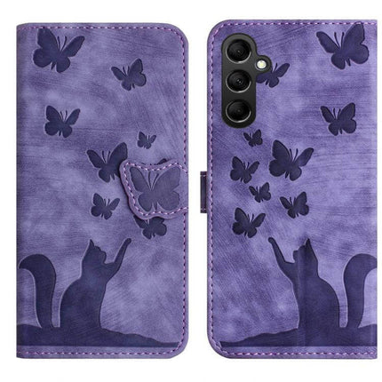 Butterfly Cat Embossed Flip Leather Phone Case For Galaxy S25 Series - purple embossed cat and butterflies wallet flip case