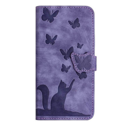 Butterfly Cat Embossed Flip Leather Phone Case For Galaxy S25 Series - purple wallet folio with embossed cat and butterflies, card slots and magnetic closure