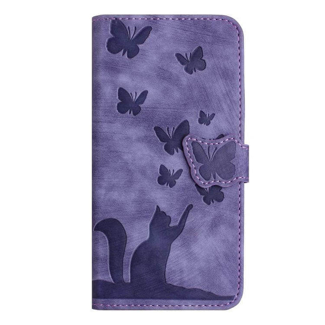 Butterfly Cat Embossed Flip Leather Phone Case For Galaxy S25 Series - purple wallet folio with embossed cat and butterflies, card slots and magnetic closure