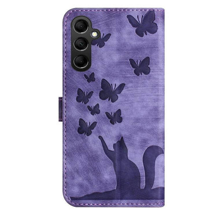 Butterfly Cat Embossed Flip Leather Phone Case For Galaxy S25 Series purple wallet case with cat and butterflies, flip stand and card slots