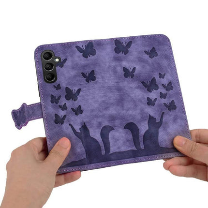 Butterfly Cat Embossed Flip Leather Phone Case For Galaxy S25 Series - purple wallet stand with cat and butterfly embossing