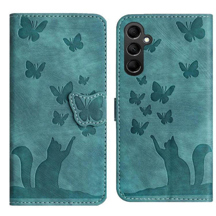 Butterfly Cat Embossed Flip Leather Phone Case For Galaxy S25 Series - teal PU leather wallet case with embossed cat and butterflies, card slots, stand