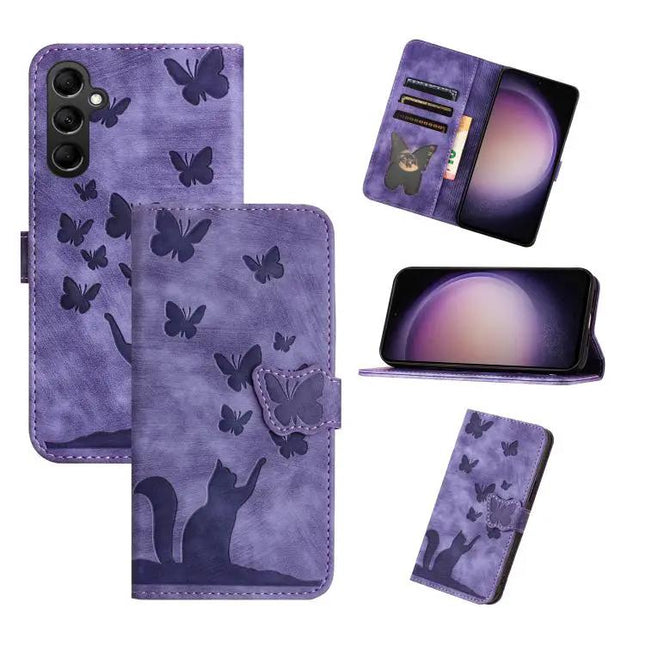 Étui de téléphone en cuir gaufré papillon-chat avec rabat pour la série Galaxy S25