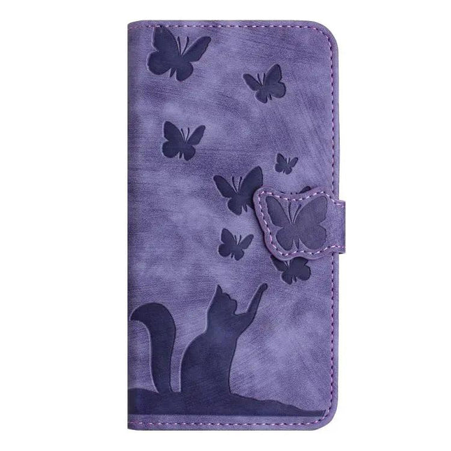 Étui de téléphone en cuir gaufré papillon-chat avec rabat pour la série Galaxy S25