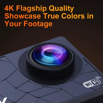 Versatile 4K WiFi Action Camera for Everyday Adventures showcasing 4K lens, WiFi icon, waterproof housing for hiking, biking and driving footage