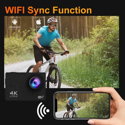 Versatile 4K WiFi Action Camera for Everyday Adventures showing cyclist, WiFi sync to smartphone, waterproof 4K recording and remote app control