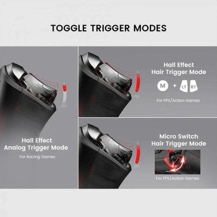 GameSir Controller for Everyday Gaming Sessions at Home - close-up showing toggle trigger modes (Hall Effect analog, Hall Effect hair trigger, Micro Switch hair trigger) for multi-platform play