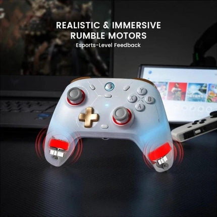 GameSir Controller for Everyday Gaming Sessions at Home showing white controller with rumble motor highlights and multi-device setup