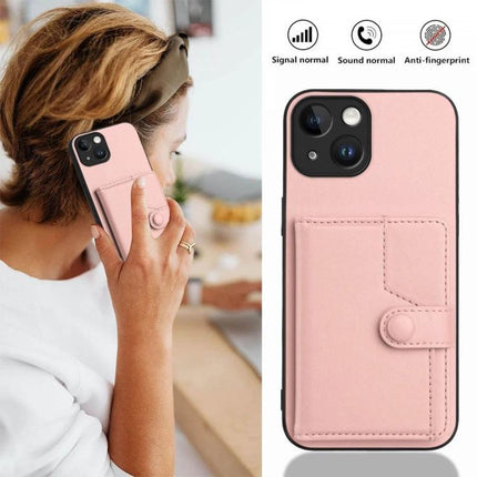Essential Protective Phone Case With Built In Card Wallet in pink PU leather with TPU inner layer, card slot and snap closure shown on iPhone