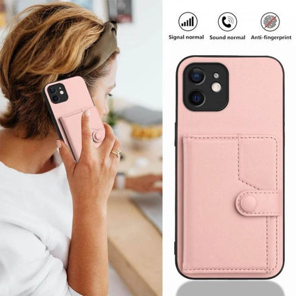 Protective Phone Case With Card Holder For Everyday Carry shown in pink PU leather with slim wallet pocket and button closure