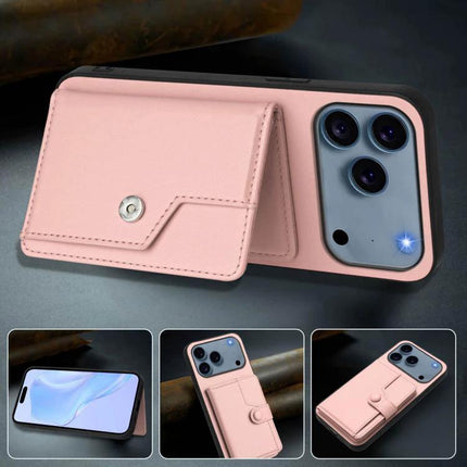 Phone Case With Built-In Wallet For Everyday Card Protection in pink PU leather with magnetic snap and camera cutout