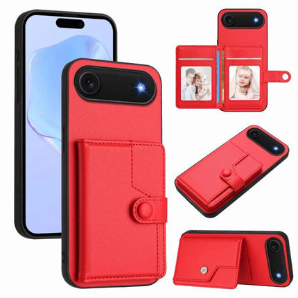 Phone Case With Built-In Wallet For Everyday Card Protection in red PU leather showing card slots, snap closure and kickstand, slim TPU bumper