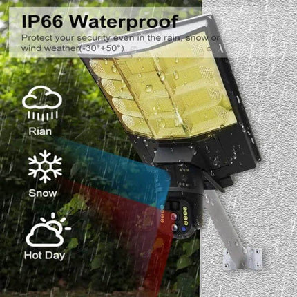 Outdoor Solar Street Light with HD Wireless Monitoring Camera mounted on wall in rain demonstrating IP66 waterproof and camera monitoring