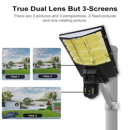 Outdoor Solar Street Light with HD Wireless Monitoring Camera showing dual-lens, 3-view screens and solar panel mounted on pole