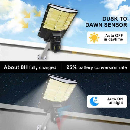 Outdoor Solar Street Light with HD Wireless Monitoring Camera mounted showing dusk-to-dawn sensor, auto OFF daytime and auto ON at night, 8H charge