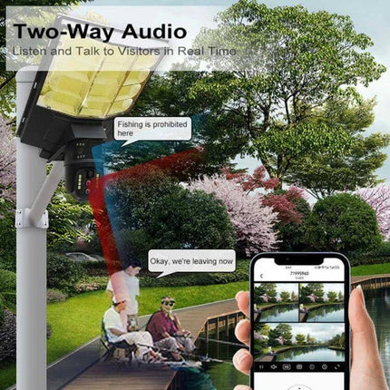 Outdoor Solar Street Light with HD Wireless Monitoring Camera monitoring park pathway with two-way audio and mobile app live view
