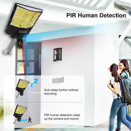 Outdoor Solar Street Light with HD Wireless Monitoring Camera mounted showing PIR human detection beam and auto-sleep function for security monitoring